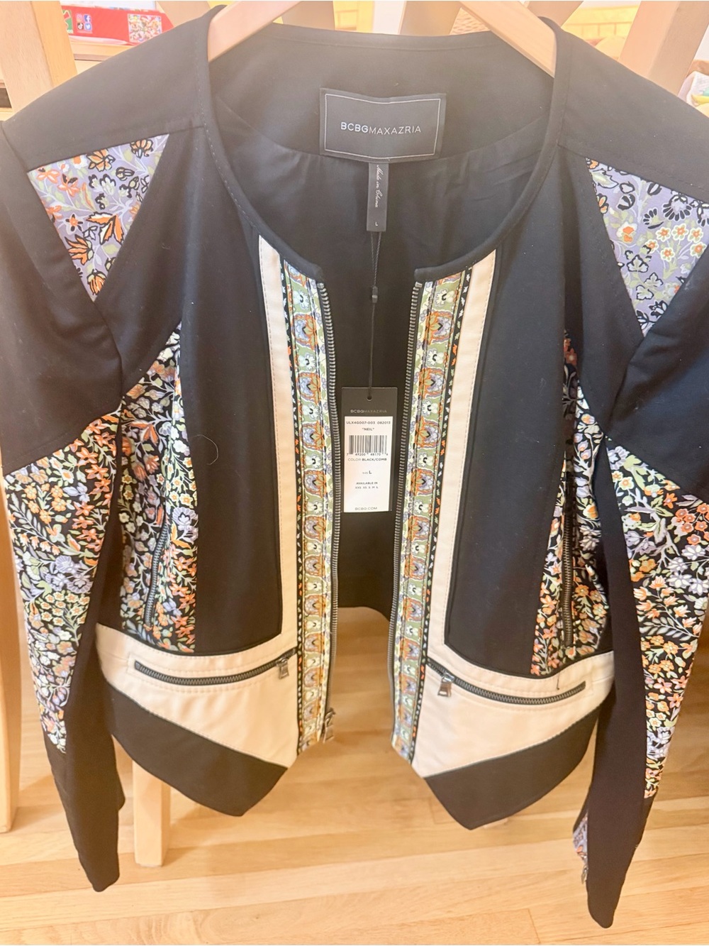 BCBGMaxAzria Black Jacket with Floral Panels and Cream Trim - Picture 7 of 7